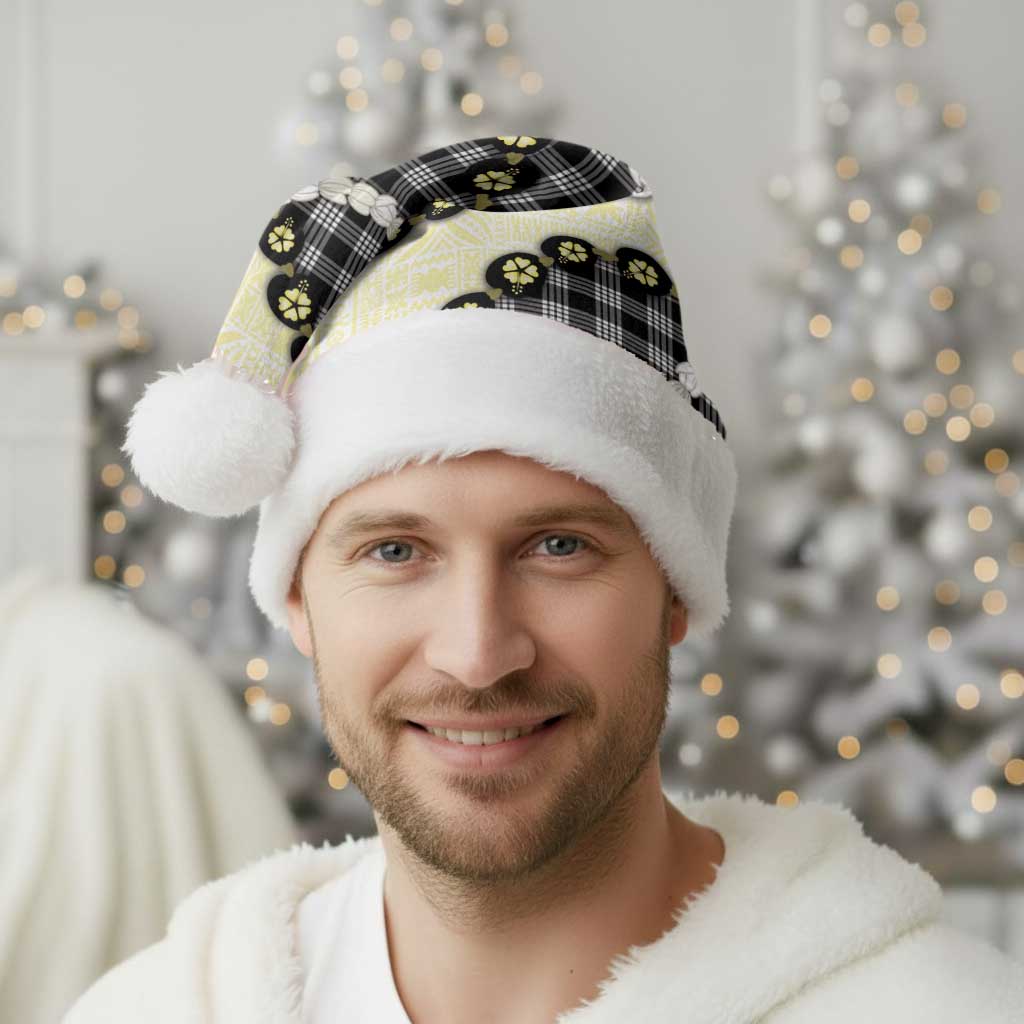 Black Palaka Hawaii Christmas Santa Hat Kukui Nut Pikake Lei Hawaiian Tapa Pattern - Polynesian Pride