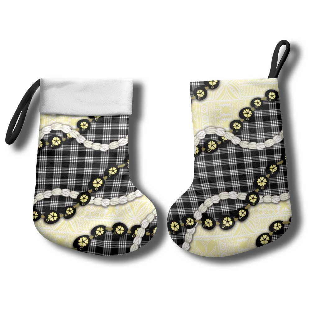 Black Palaka Hawaii Christmas Stocking Kukui Nut Pikake Lei Hawaiian Tapa Pattern - Polynesian Pride