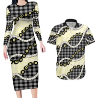 Black Palaka Hawaii Couples Matching Long Sleeve Bodycon Dress and Hawaiian Shirt Kukui Nut Pikake Lei Hawaiian Tapa Pattern - Polynesian Pride