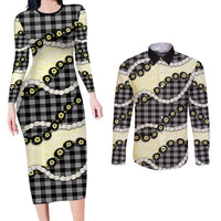 Black Palaka Hawaii Couples Matching Long Sleeve Bodycon Dress and Long Sleeve Button Shirt Kukui Nut Pikake Lei Hawaiian Tapa Pattern - Polynesian Pride