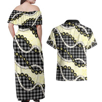 Black Palaka Hawaii Couples Matching Off Shoulder Maxi Dress and Hawaiian Shirt Kukui Nut Pikake Lei Hawaiian Tapa Pattern - Polynesian Pride