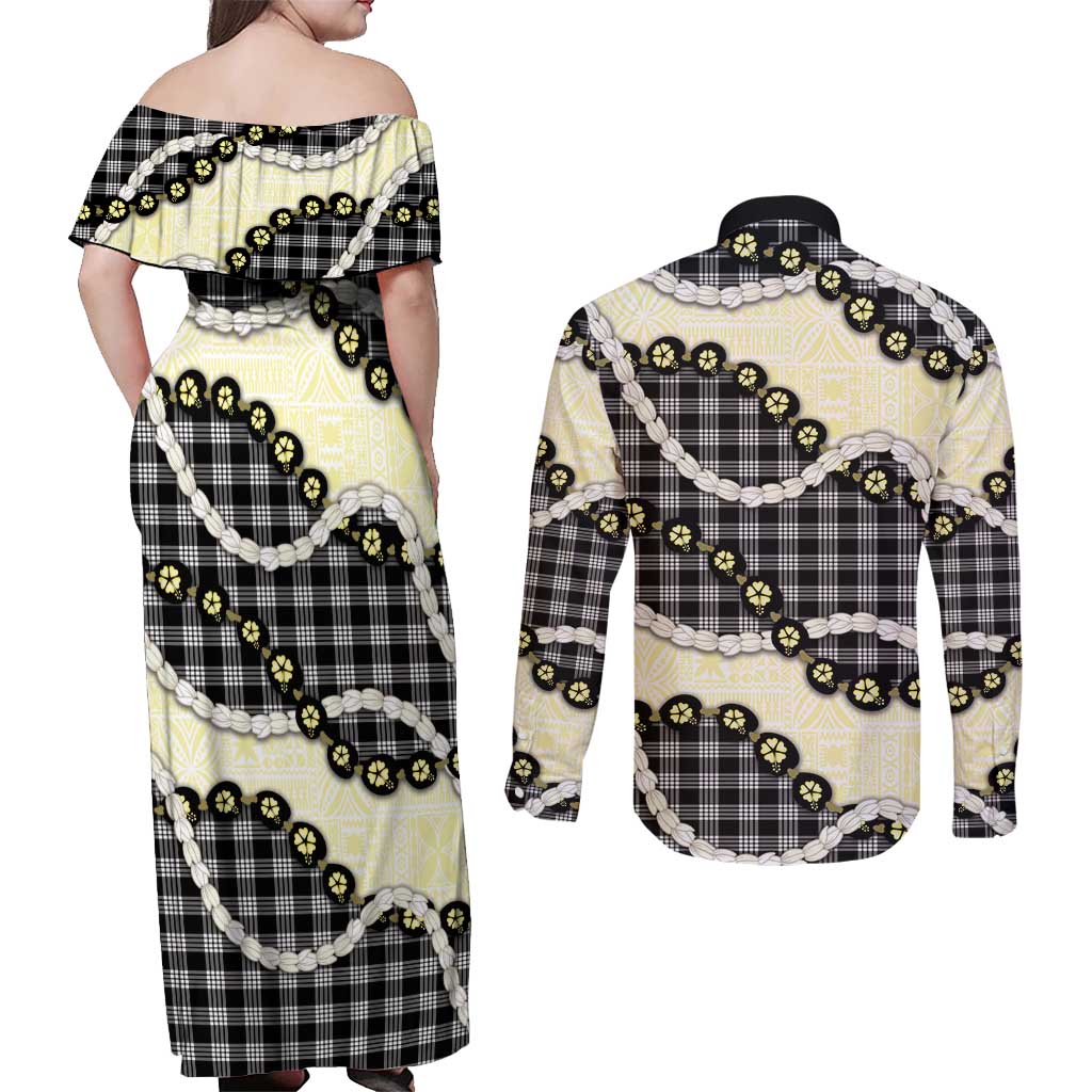 Black Palaka Hawaii Couples Matching Off Shoulder Maxi Dress and Long Sleeve Button Shirt Kukui Nut Pikake Lei Hawaiian Tapa Pattern - Polynesian Pride