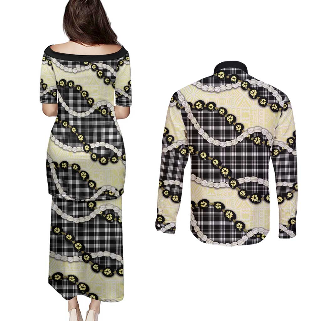 Black Palaka Hawaii Couples Matching Puletasi and Long Sleeve Button Shirt Kukui Nut Pikake Lei Hawaiian Tapa Pattern - Polynesian Pride