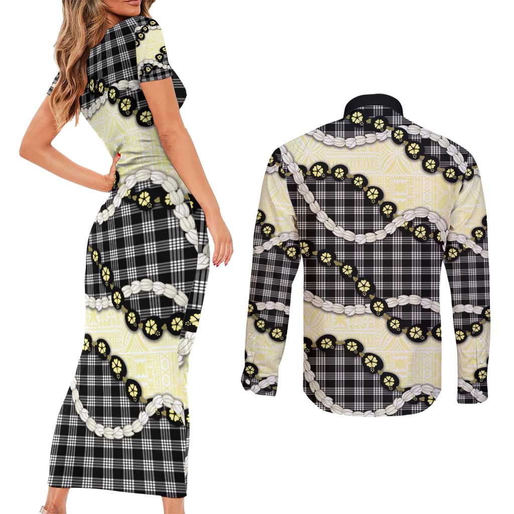 Black Palaka Hawaii Couples Matching Short Sleeve Bodycon Dress and Long Sleeve Button Shirt Kukui Nut Pikake Lei Hawaiian Tapa Pattern - Polynesian Pride