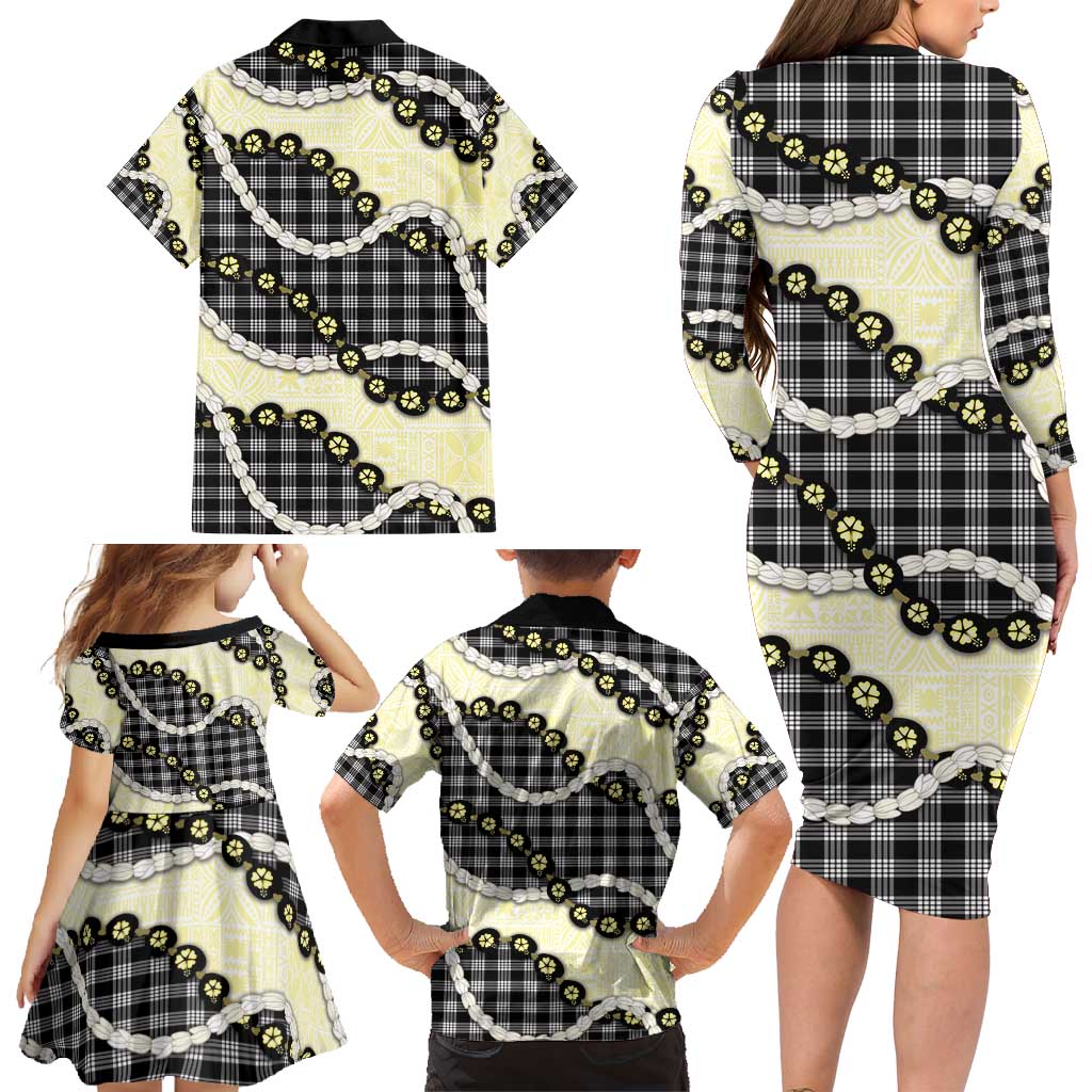 Black Palaka Hawaii Family Matching Long Sleeve Bodycon Dress and Hawaiian Shirt Kukui Nut Pikake Lei Hawaiian Tapa Pattern - Polynesian Pride