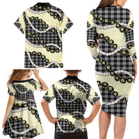Black Palaka Hawaii Family Matching Long Sleeve Bodycon Dress and Hawaiian Shirt Kukui Nut Pikake Lei Hawaiian Tapa Pattern - Polynesian Pride