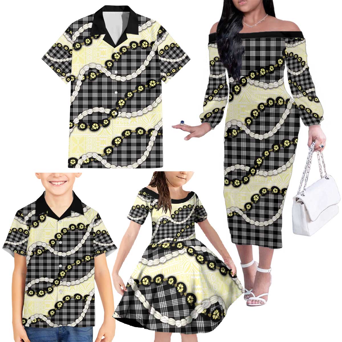 Black Palaka Hawaii Family Matching Off The Shoulder Long Sleeve Dress and Hawaiian Shirt Kukui Nut Pikake Lei Hawaiian Tapa Pattern - Polynesian Pride