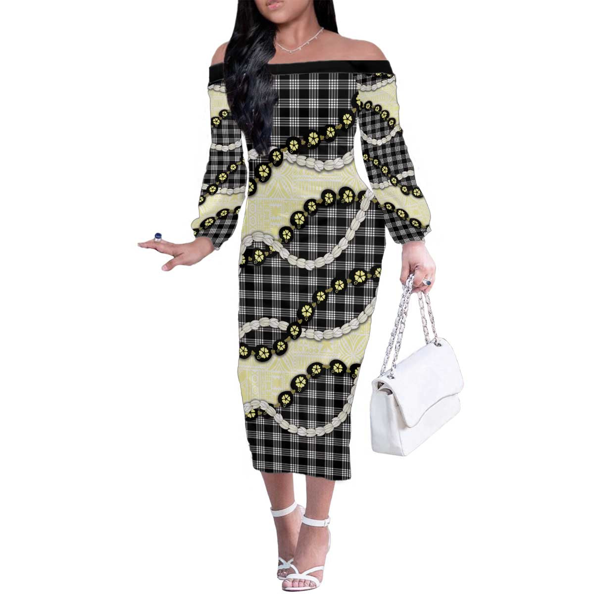 Black Palaka Hawaii Family Matching Off The Shoulder Long Sleeve Dress and Hawaiian Shirt Kukui Nut Pikake Lei Hawaiian Tapa Pattern - Polynesian Pride