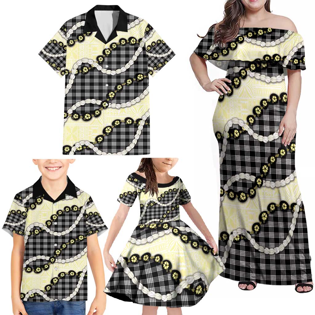 Black Palaka Hawaii Family Matching Off Shoulder Maxi Dress and Hawaiian Shirt Kukui Nut Pikake Lei Hawaiian Tapa Pattern - Polynesian Pride