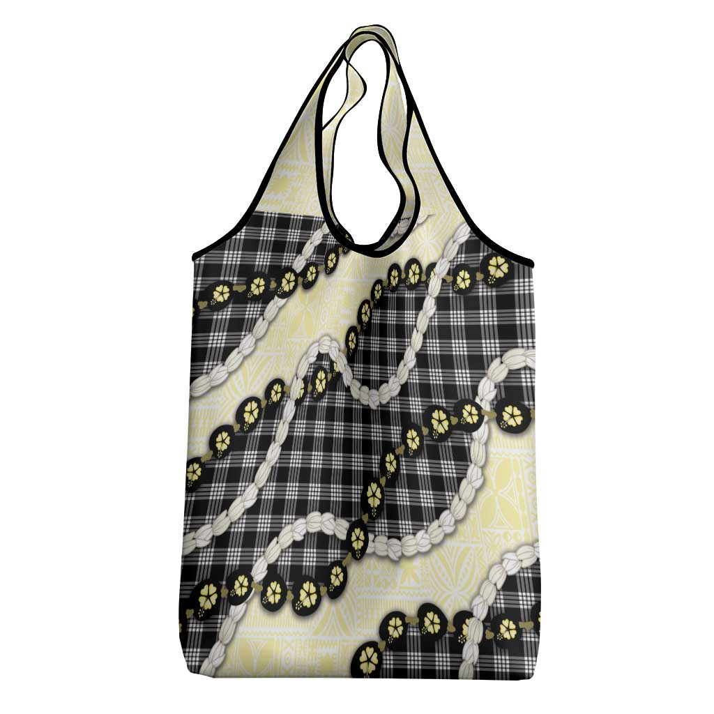 Black Palaka Hawaii Grocery Bag Kukui Nut Pikake Lei Hawaiian Tapa Pattern - Polynesian Pride