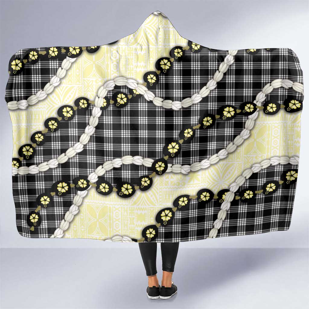 Black Palaka Hawaii Hooded Blanket Kukui Nut Pikake Lei Hawaiian Tapa Pattern - Polynesian Pride