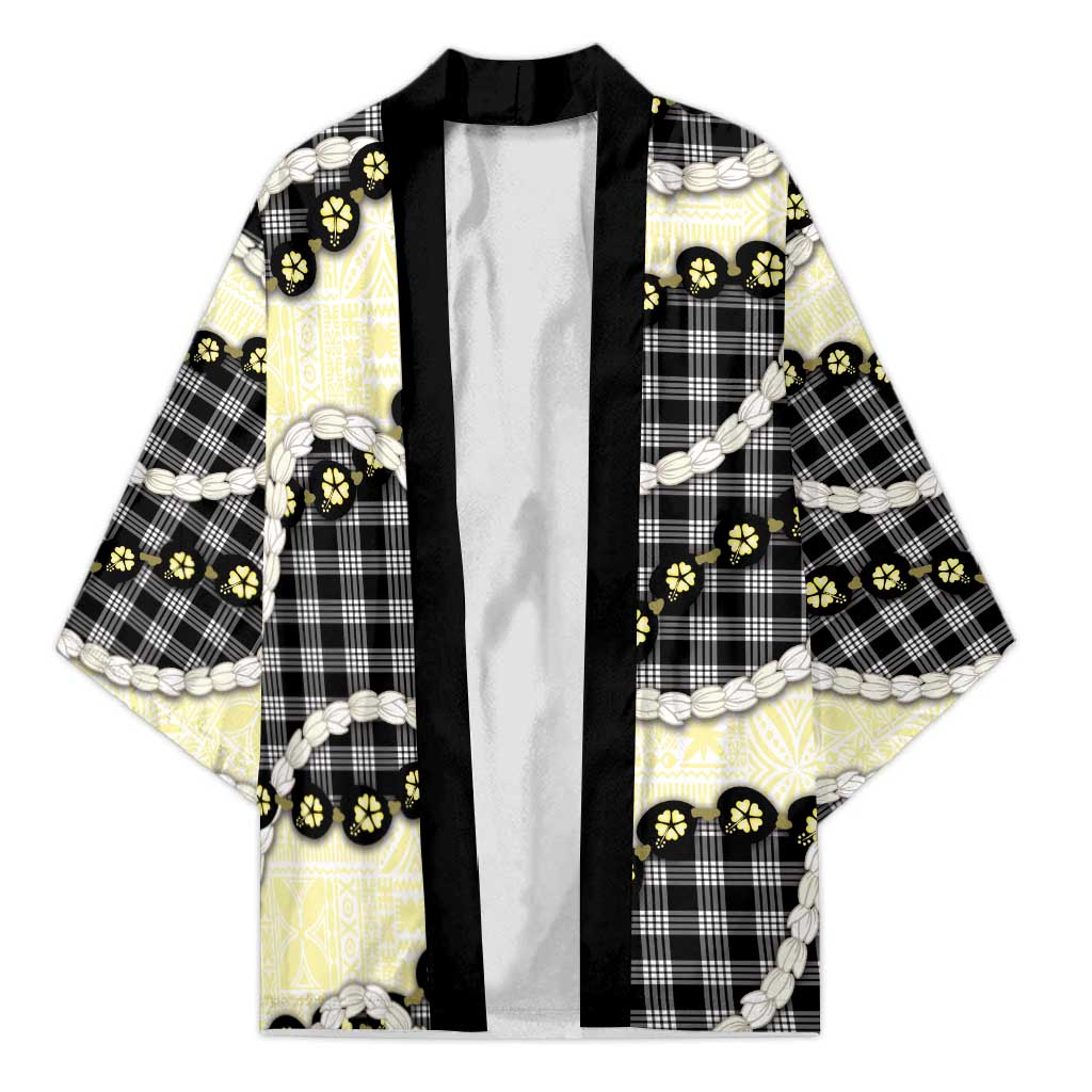 Black Palaka Hawaii Kimono Kukui Nut Pikake Lei Hawaiian Tapa Pattern - Polynesian Pride
