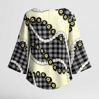 Black Palaka Hawaii Kimono Sleeve Blouse Kukui Nut Pikake Lei Hawaiian Tapa Pattern - Polynesian Pride