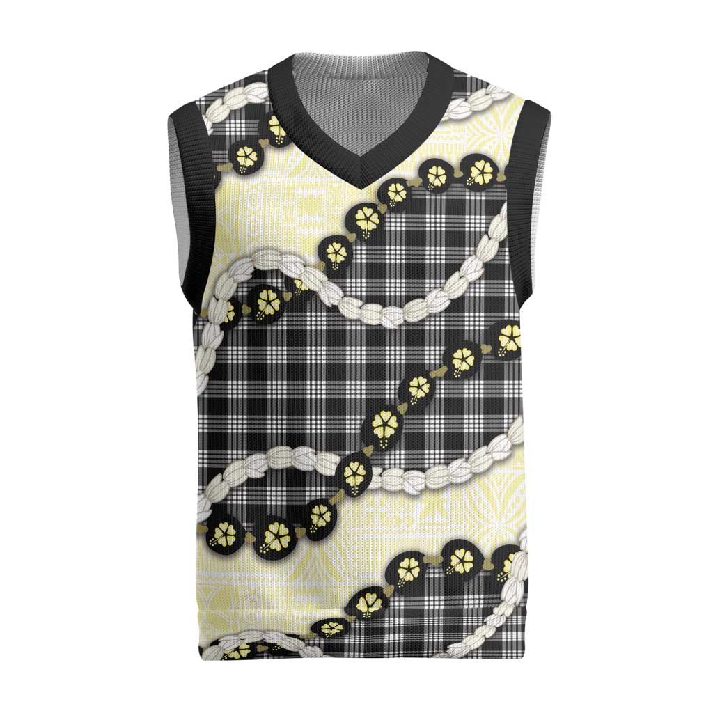 Black Palaka Hawaii Christmas Knitted V-Neck Vest Kukui Nut Pikake Lei Hawaiian Tapa Pattern - Polynesian Pride