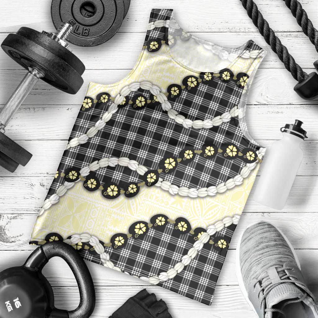 Black Palaka Hawaii Men Tank Top Kukui Nut Pikake Lei Hawaiian Tapa Pattern - Polynesian Pride