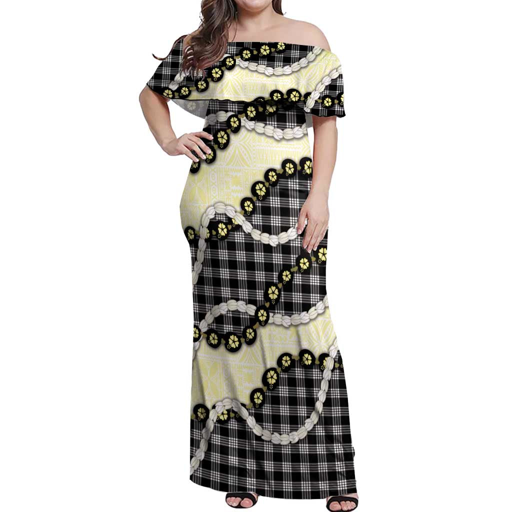 Black Palaka Hawaii Off Shoulder Maxi Dress Kukui Nut Pikake Lei Hawaiian Tapa Pattern - Polynesian Pride