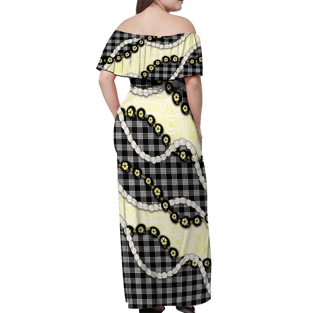 Black Palaka Hawaii Off Shoulder Maxi Dress Kukui Nut Pikake Lei Hawaiian Tapa Pattern - Polynesian Pride