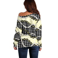 Black Palaka Hawaii Off Shoulder Sweater Kukui Nut Pikake Lei Hawaiian Tapa Pattern - Polynesian Pride