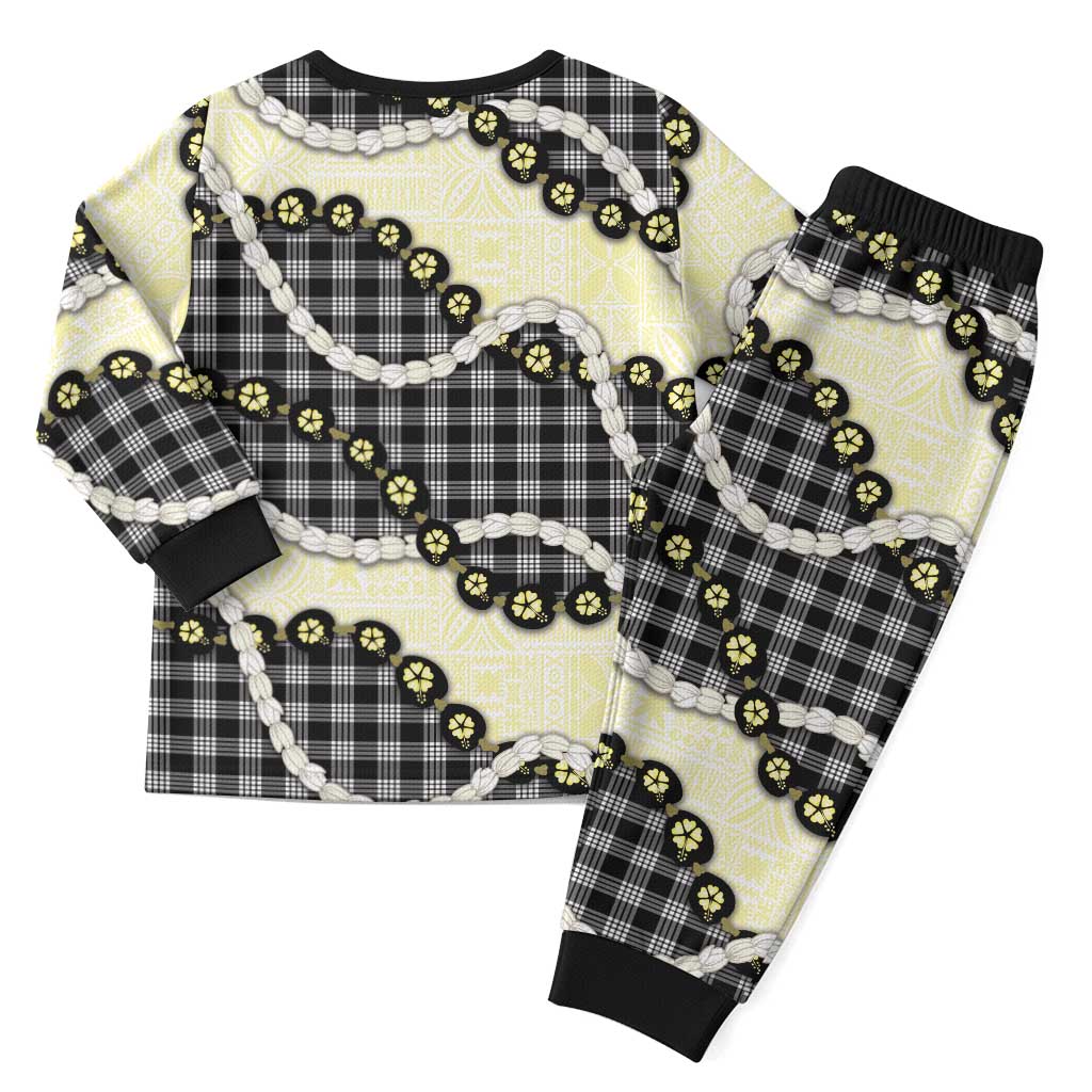 Black Palaka Hawaii Christmas Pajama Set Kukui Nut Pikake Lei Hawaiian Tapa Pattern - Polynesian Pride