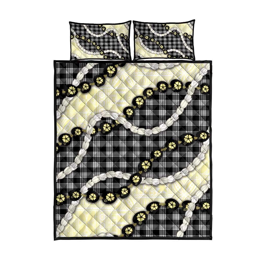 Black Palaka Hawaii Quilt Bed Set Kukui Nut Pikake Lei Hawaiian Tapa Pattern - Polynesian Pride