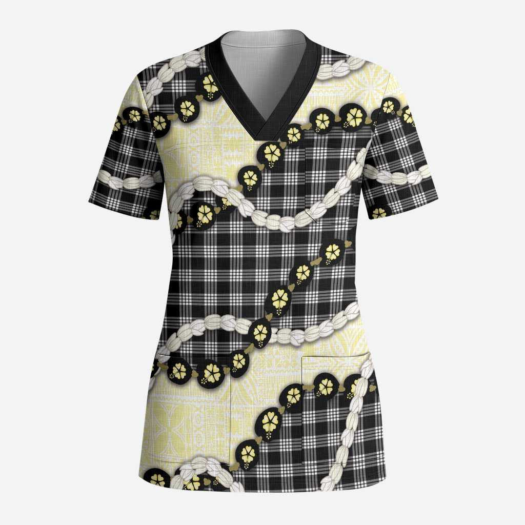 Black Palaka Hawaii Scrub Top Kukui Nut Pikake Lei Hawaiian Tapa Pattern - Polynesian Pride