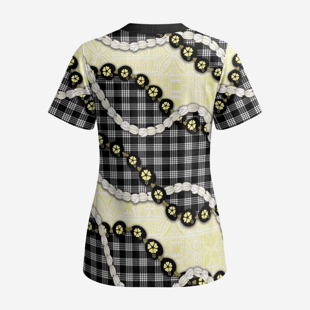 Black Palaka Hawaii Scrub Top Kukui Nut Pikake Lei Hawaiian Tapa Pattern - Polynesian Pride