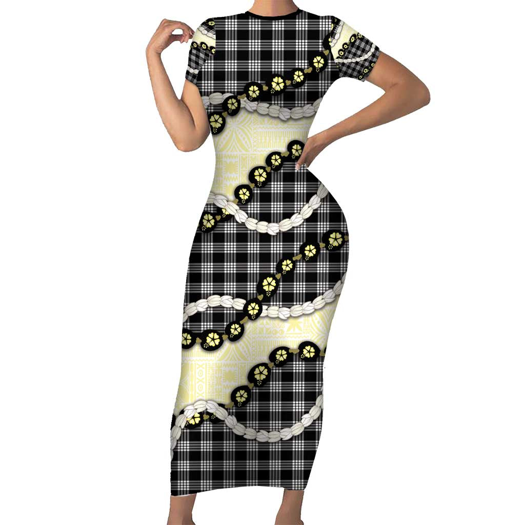 Black Palaka Hawaii Short Sleeve Bodycon Dress Kukui Nut Pikake Lei Hawaiian Tapa Pattern - Polynesian Pride