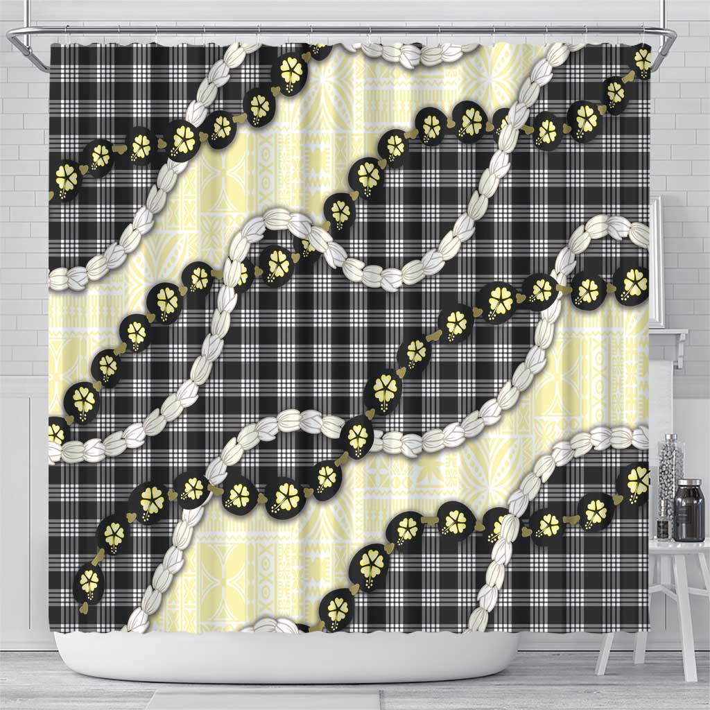Black Palaka Hawaii Shower Curtain Kukui Nut Pikake Lei Hawaiian Tapa Pattern - Polynesian Pride