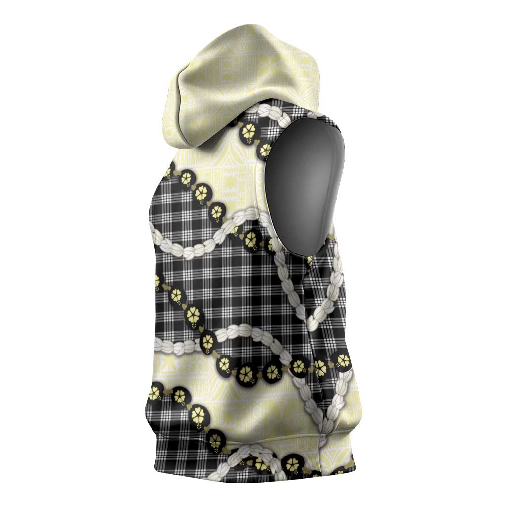 Black Palaka Hawaii Sleeveless Hoodie Kukui Nut Pikake Lei Hawaiian Tapa Pattern - Polynesian Pride