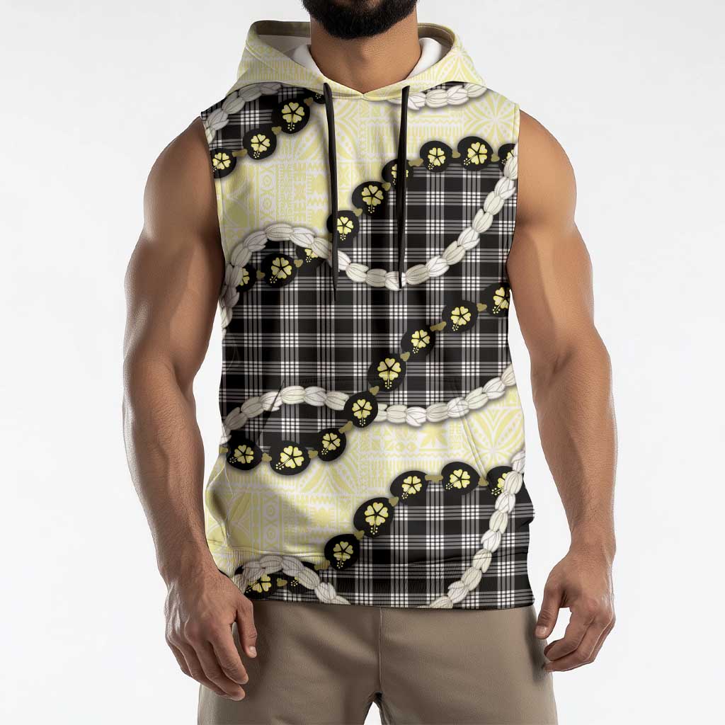Black Palaka Hawaii Sleeveless Hoodie Kukui Nut Pikake Lei Hawaiian Tapa Pattern - Polynesian Pride