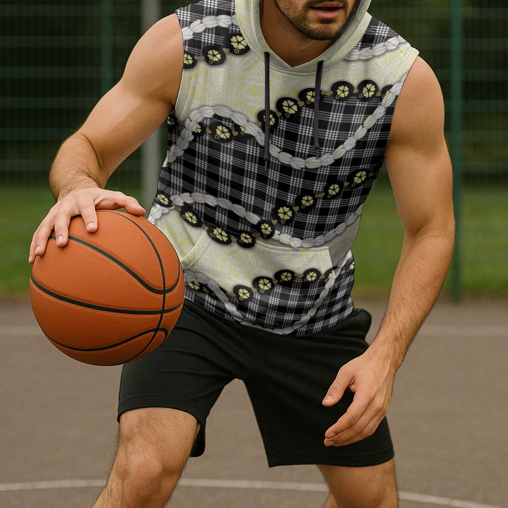 Black Palaka Hawaii Sleeveless Hoodie Kukui Nut Pikake Lei Hawaiian Tapa Pattern - Polynesian Pride