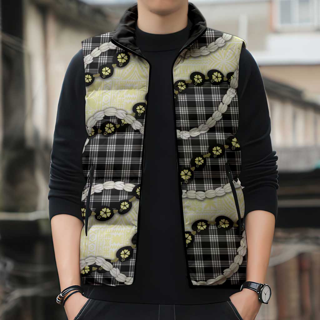Black Palaka Hawaii Sleeveless Puffer Jacket Kukui Nut Pikake Lei Hawaiian Tapa Pattern - Polynesian Pride