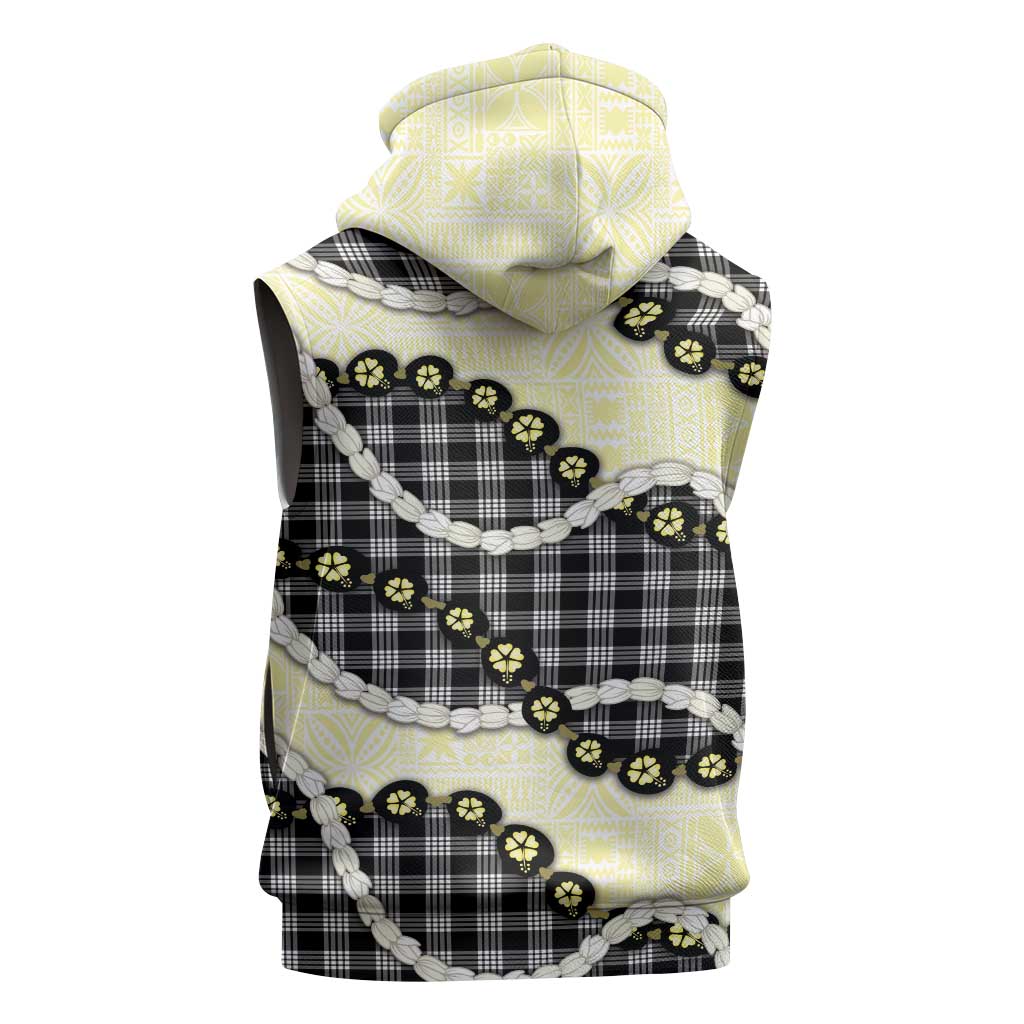 Black Palaka Hawaii Sleeveless Zip Hoodie Kukui Nut Pikake Lei Hawaiian Tapa Pattern - Polynesian Pride