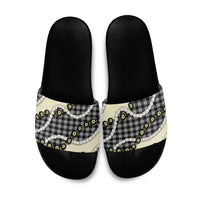 Black Palaka Hawaii Slide Sandals Kukui Nut Pikake Lei Hawaiian Tapa Pattern - Polynesian Pride