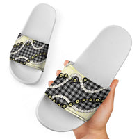 Black Palaka Hawaii Slide Sandals Kukui Nut Pikake Lei Hawaiian Tapa Pattern - Polynesian Pride