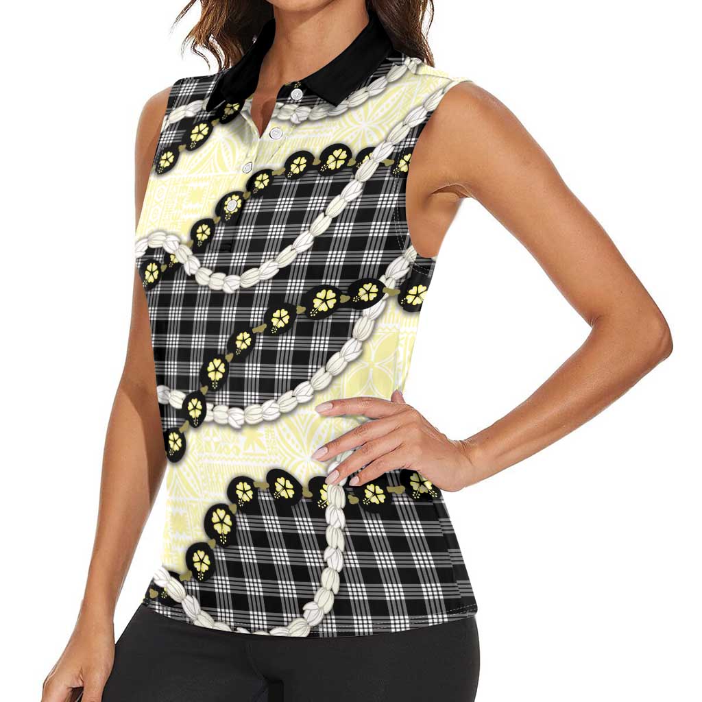 Black Palaka Hawaii Women Sleeveless Polo Shirt Kukui Nut Pikake Lei Hawaiian Tapa Pattern - Polynesian Pride