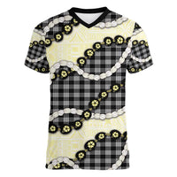 Black Palaka Hawaii Women V-Neck T-Shirt Kukui Nut Pikake Lei Hawaiian Tapa Pattern - Polynesian Pride