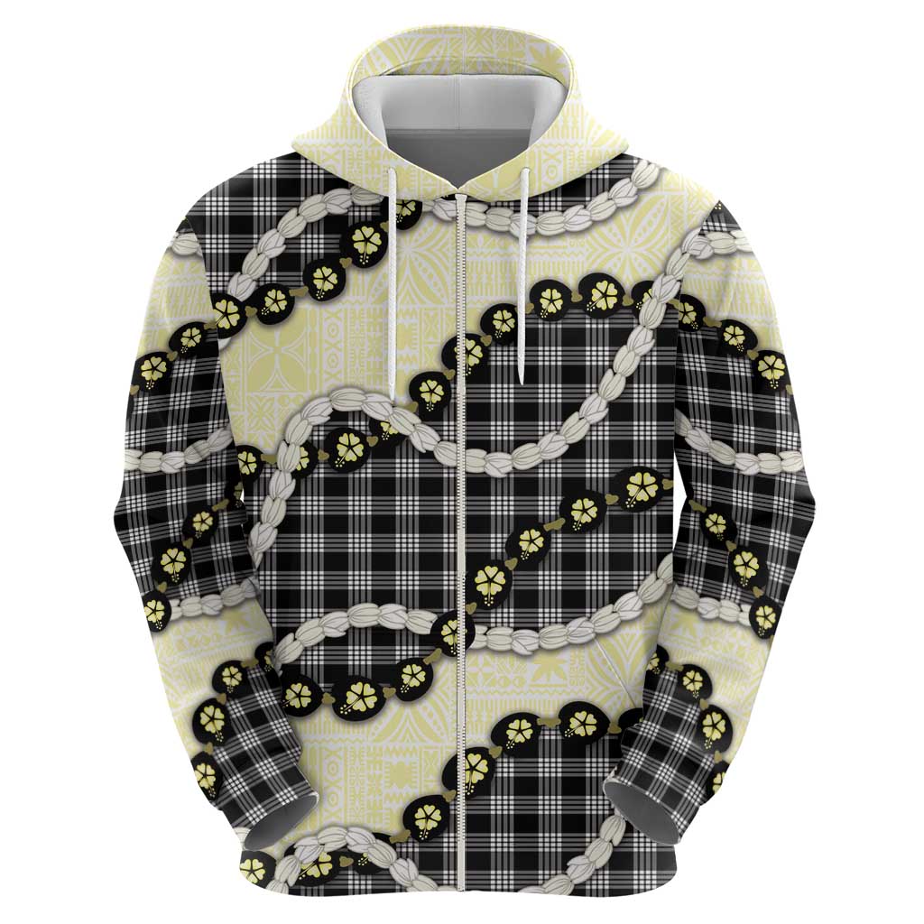 Black Palaka Hawaii Zip Hoodie Kukui Nut Pikake Lei Hawaiian Tapa Pattern - Polynesian Pride