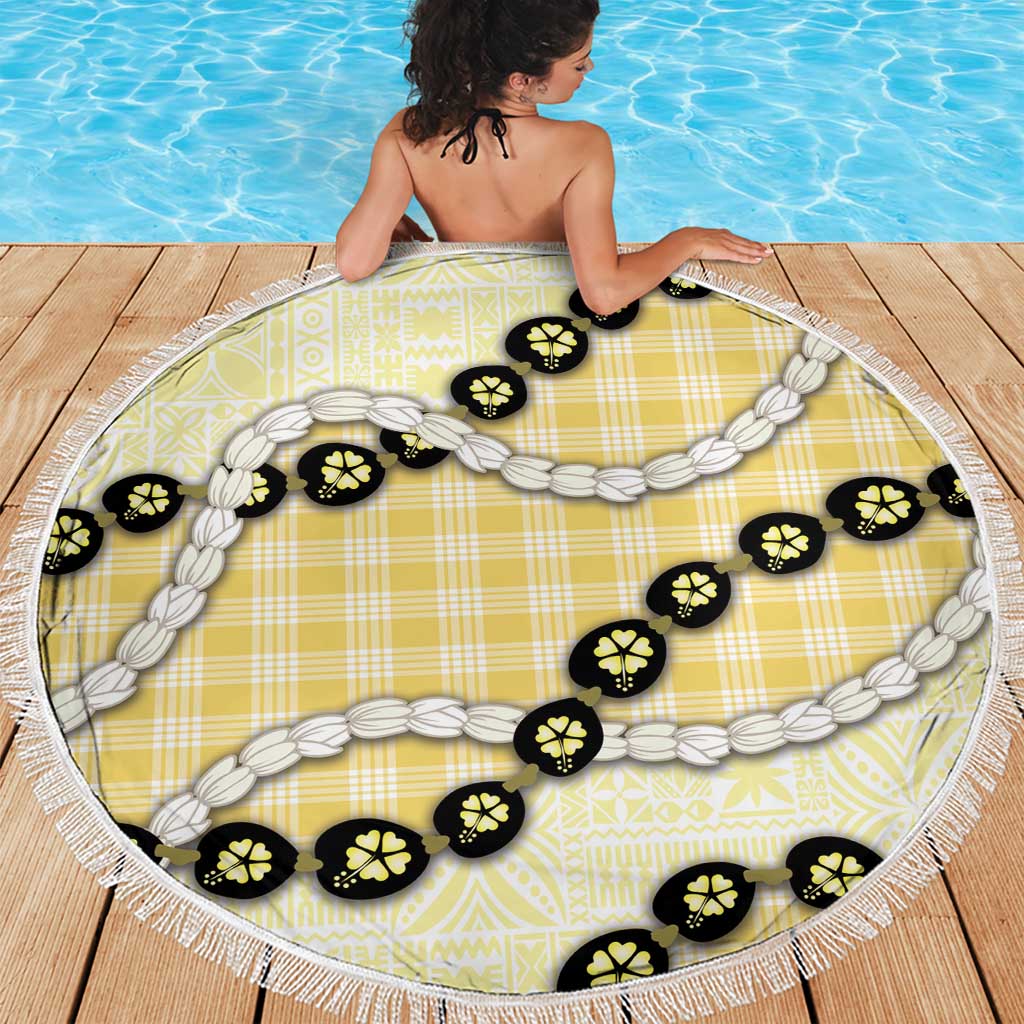 Yellow Palaka Hawaii Beach Blanket Kukui Nut Pikake Lei Hawaiian Tapa Pattern - Polynesian Pride