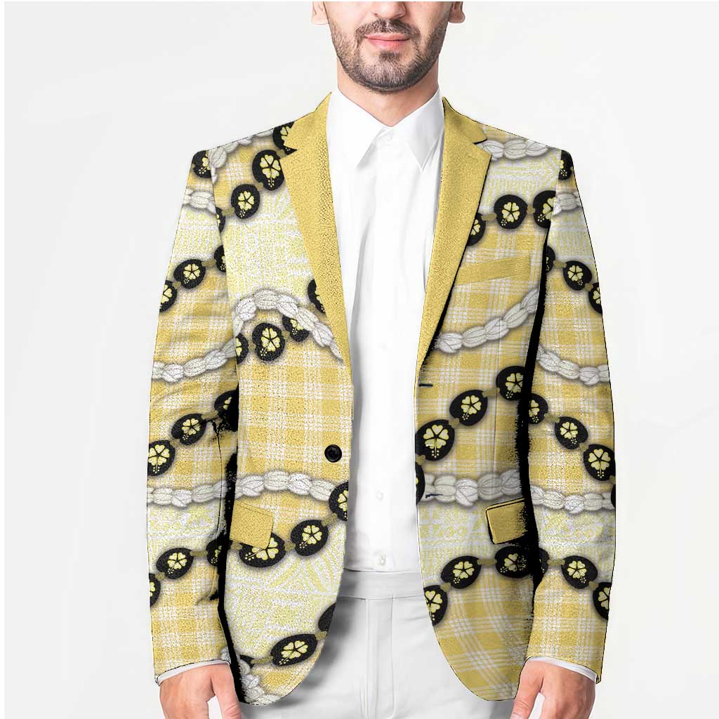 Yellow Palaka Hawaii Blazer Kukui Nut Pikake Lei Hawaiian Tapa Pattern - Polynesian Pride