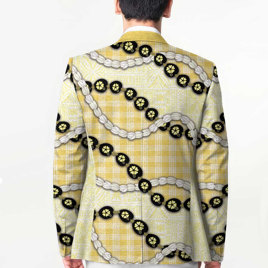 Yellow Palaka Hawaii Blazer Kukui Nut Pikake Lei Hawaiian Tapa Pattern - Polynesian Pride