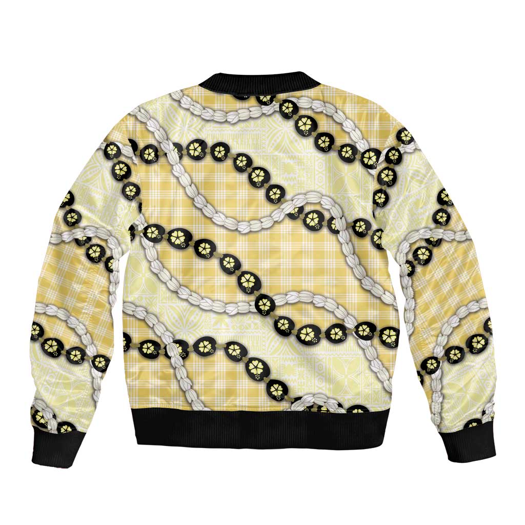 Yellow Palaka Hawaii Bomber Jacket Kukui Nut Pikake Lei Hawaiian Tapa Pattern - Polynesian Pride