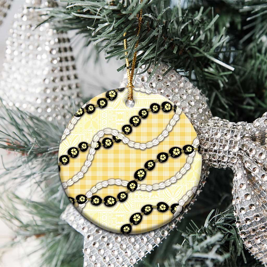 Yellow Palaka Hawaii Ceramic Ornament Kukui Nut Pikake Lei Hawaiian Tapa Pattern - Polynesian Pride