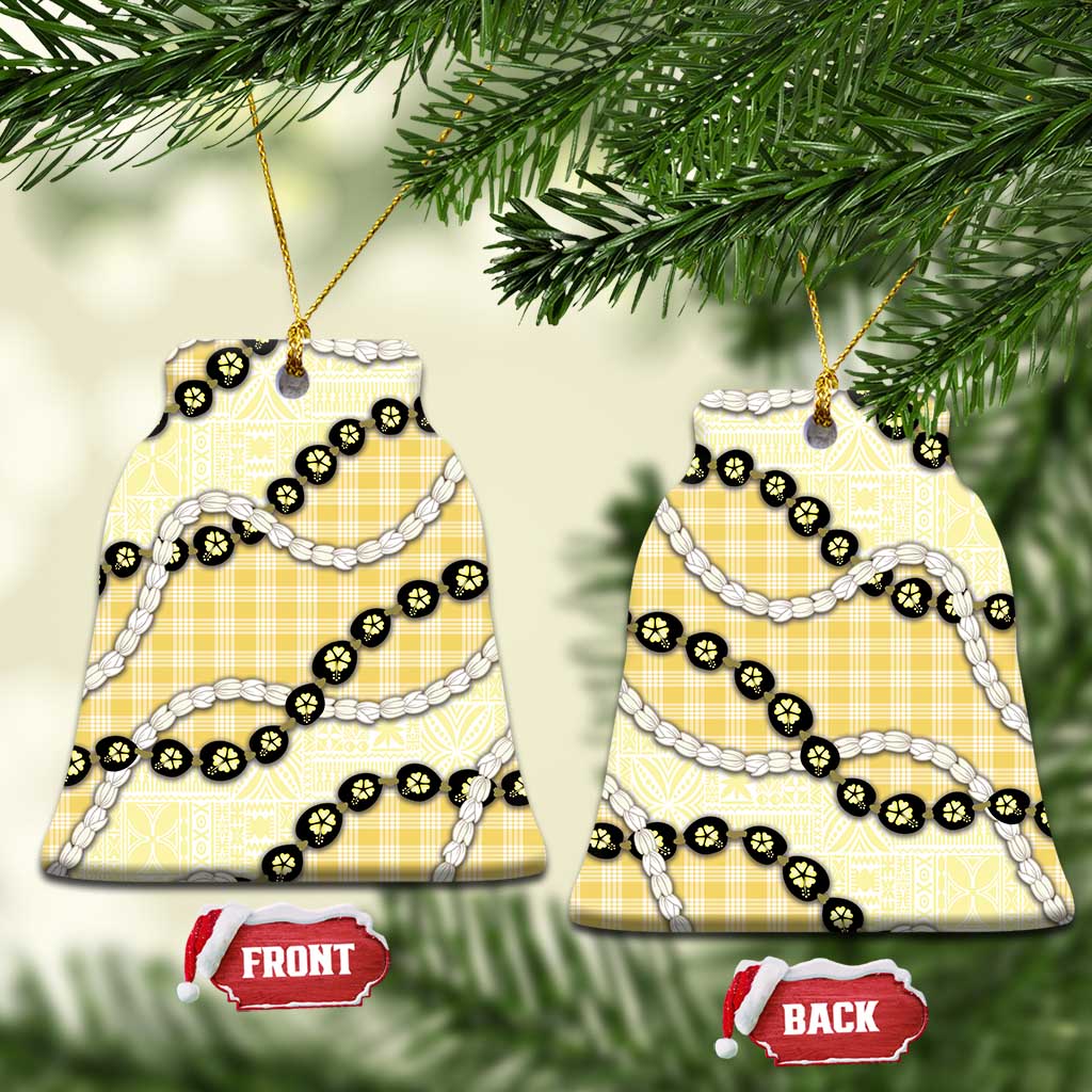 Yellow Palaka Hawaii Ceramic Ornament Kukui Nut Pikake Lei Hawaiian Tapa Pattern - Polynesian Pride