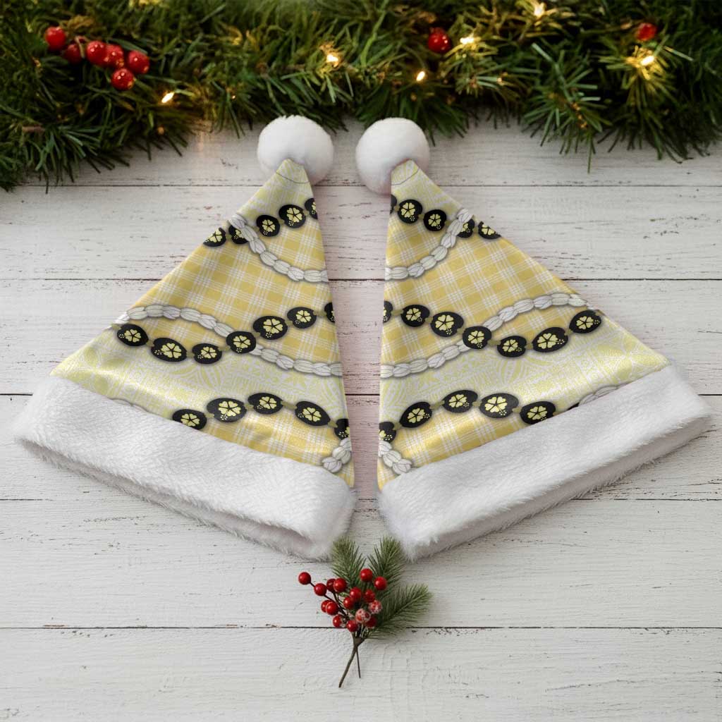 Yellow Palaka Hawaii Christmas Santa Hat Kukui Nut Pikake Lei Hawaiian Tapa Pattern - Polynesian Pride