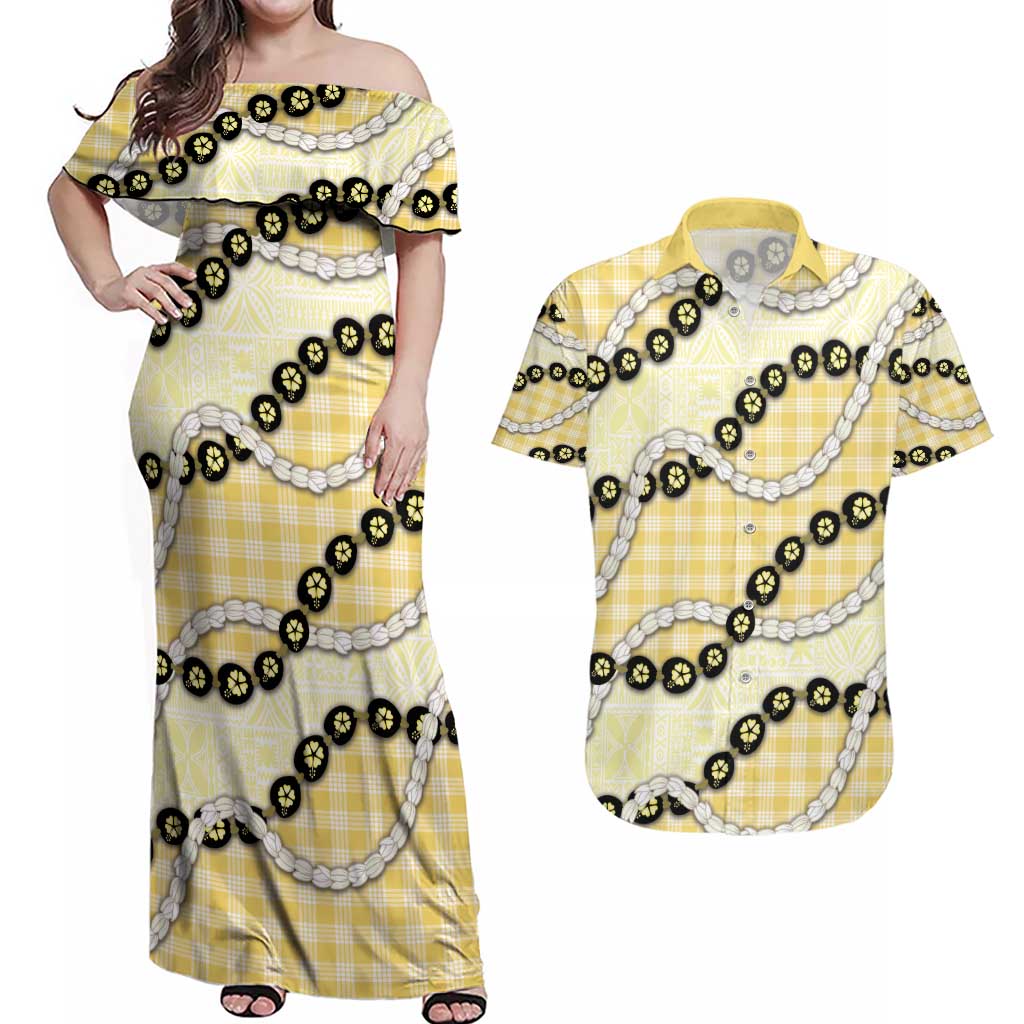 Yellow Palaka Hawaii Couples Matching Off Shoulder Maxi Dress and Hawaiian Shirt Kukui Nut Pikake Lei Hawaiian Tapa Pattern - Polynesian Pride