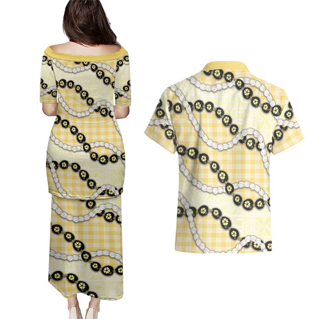 Yellow Palaka Hawaii Couples Matching Puletasi and Hawaiian Shirt Kukui Nut Pikake Lei Hawaiian Tapa Pattern LT14 - Polynesian Pride
