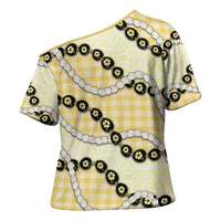 Yellow Palaka Hawaii Cross Shoulder Shirt Kukui Nut Pikake Lei Hawaiian Tapa Pattern - Polynesian Pride
