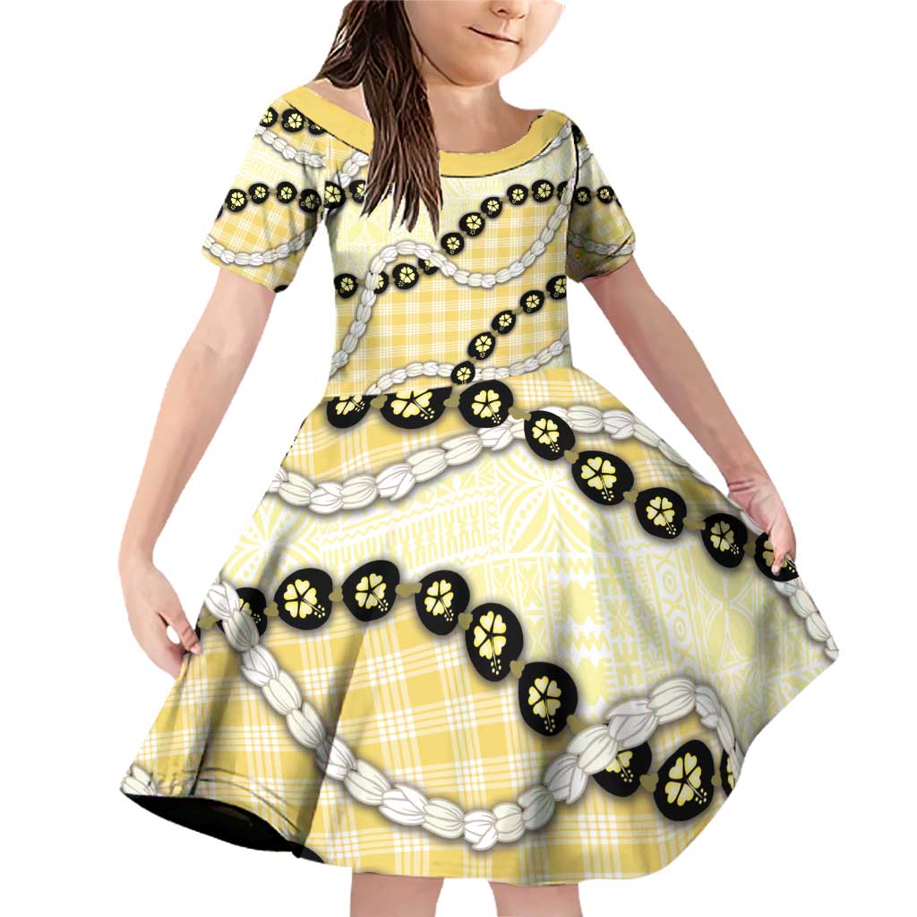 Yellow Palaka Hawaii Family Matching Off Shoulder Short Dress and Hawaiian Shirt Kukui Nut Pikake Lei Hawaiian Tapa Pattern - Polynesian Pride