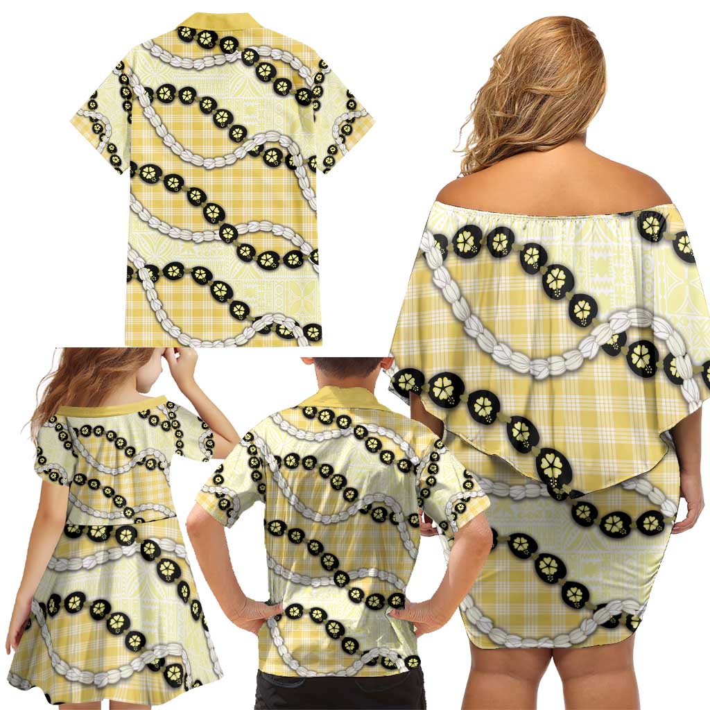 Yellow Palaka Hawaii Family Matching Off Shoulder Short Dress and Hawaiian Shirt Kukui Nut Pikake Lei Hawaiian Tapa Pattern - Polynesian Pride